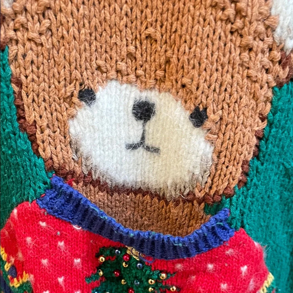 Marisa Christina Teal Christmas Sweater with Bear and Bow Design - Picture 4 of 8